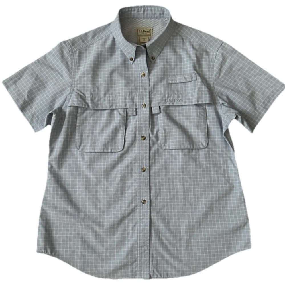 LL Bean Womens Button Shirt Green Short Sleeve Hiking Collared Sport Camp Size M